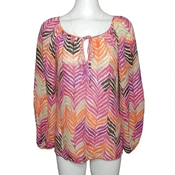 Trina Turk Colorful Silk Peasant Top Pink Orange Chevron Long Sleeve Size Small - Picture 1 of 5